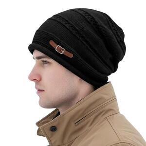 Unisex Slouchy Stretchy Winter Cozy Black Buckle Beanie Knit Hat OS Soft Lined